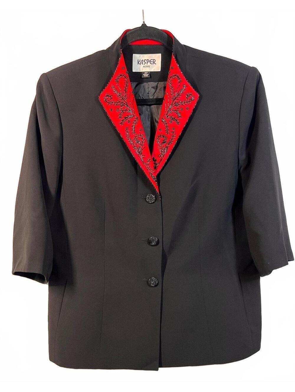Kasper Petite Black Blazer with Red Beaded Embellished Collar Size 14P